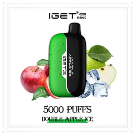 Iget Moon K5000 Disposable Vape in Green and Black Labeled 5000 Puffs and Double Apple Ice Shown with Apples and Ice Cubes - Australia E-cigarette Store