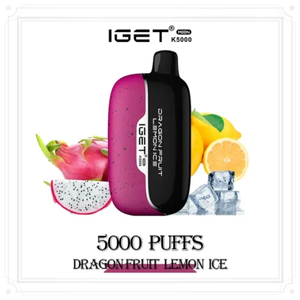 Iget K5000 Disposable Vape in Dragon Fruit Lemon Ice Flavor Pink and Black Device with Dragon Fruit and Lemon Background - Australia E-cigarette Store