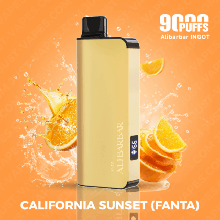 Gold Vape Mod with Black Mouthpiece on an Orange Background Splash of Orange Juice Around It Promoting California Sunset fanta - Australia E-cigarette Store
