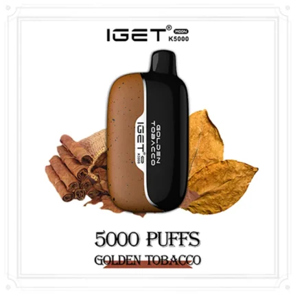 Iget Moon K5000 Disposable Vape in Brownblack with Tobacco Leaves and Cinnamon Sticks in the Background Flavor Golden Tobacco 5000 Puffs - Australia E-cigarette Store