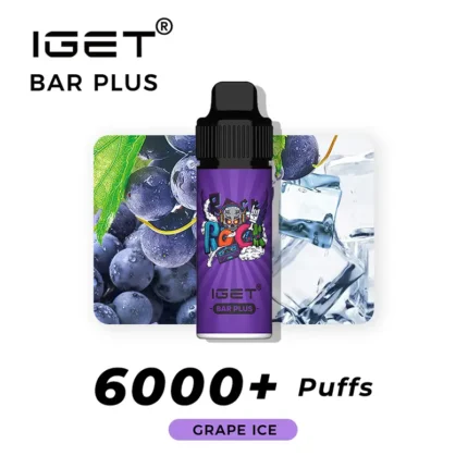 IGET Bar Plus vape bottle with a purple label, front and center, flanked by grapes and ice, advertising 6000+ puffs grape ice flavor