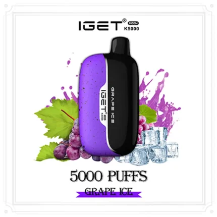 Iget K5000 Disposable Vape in Purple and Black Grape Ice Flavor with Grapes and Ice Cubes Around It - Australia E-cigarette Store