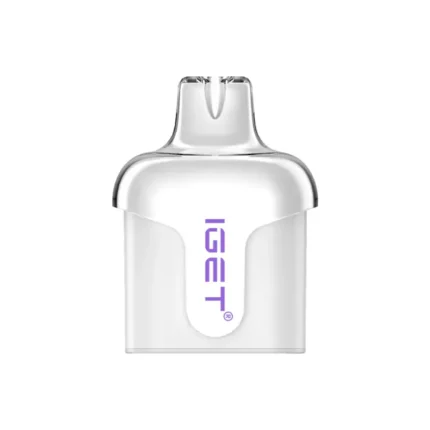Disposable vape pod with white body and purple GET logo, mouthpiece at the top