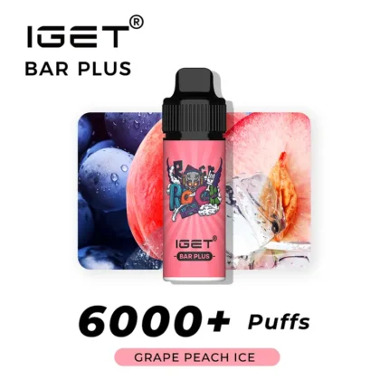 Iget Bar Plus Pink Vape Bottle Centered with Grape and Peach Ice Graphics Behind It Text Reads 6000+ Puffs and Flavor grape Peach Ice - Australia E-cigarette Store