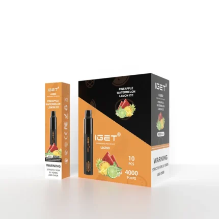 Boxed IGET disposable vape device with pineapple watermelon lemon ice flavor, orange and black packaging, shown with a single device off to the side.