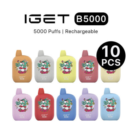 Ten IGET B5000 vape devices in assorted colors with a cartoon graphic, labeled 5000 puffs and Rechargeable.