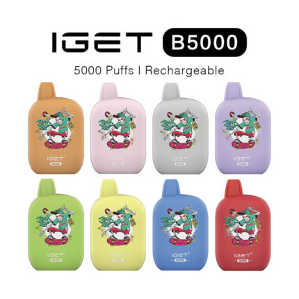 Eight Iget B5000 Rechargeable Vape Pods in Two Rows of Colors with Cartoon Artwork on Each Pod - Australia E-cigarette Store