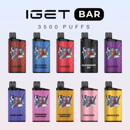 Iget Bar 3500-puff Vape Pod Lineup Showing Ten Flavors Cola Ice Blueberry Raspberry Lush Ice Blackberry Ice Grape Ice Mixed Berry Strawberry Raspberry Passion Fruit Mango Lime Peach Ice Mango Ice - Australia E-cigarette Store
