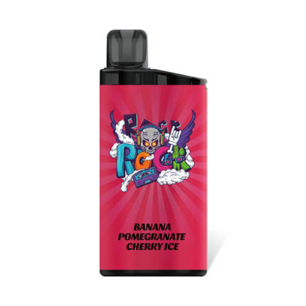 Vape device with a pink label featuring a cartoon monster and the flavors: Banana, Pomegranate, Cherry Ice (RAGE brand).