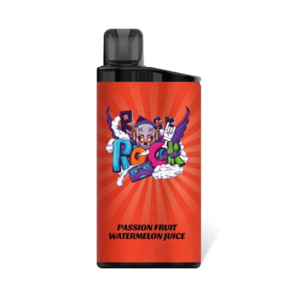 Red vape pod with a black mouthpiece and bold graphic logo on a bright orange label, text reads 'Passion Fruit Watermelon Juice'