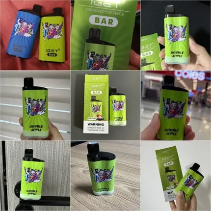Collage of neon-green IGET Bar disposable pod devices, some labeled Double Apple, with product packaging and a hand holding a device in front of a store.