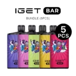Bundle of Five Iget Bar Disposable Vapes in Purple Pink Lime Yellow and Red with a Black 5 Pcs Badge - Australia E-cigarette Store