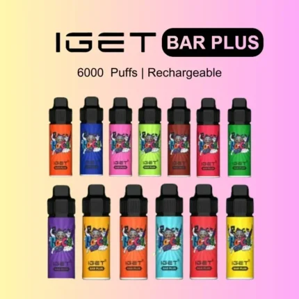 Row of Twelve Iget Bar Plus Disposable Vape Bottles in Assorted Colors on a Pink-yellow Gradient Background with the Caption Reading 6000 Puffs | Rechargeable - Australia E-cigarette Store