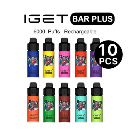 IGET Bar Plus 10-pack: 6000-puff, rechargeable disposable vape bottles in assorted colors