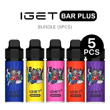 Five Iget Bar Plus Vape Juice Bottles in Blue Yellow Pink Orange and Purple Forming a 5-piece Bundle - Australia E-cigarette Store