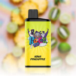 Bright Yellow Vape Bottle with a Bold Cartoon Label Reading rage and kiwi Pineapple Flavor Image on a Blurred Fruit Background - Australia E-cigarette Store