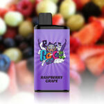 Purple Vape Device with a Colorful Cartoon Graphic on a Purple Label Displaying the Flavor Text raspberry Grape Against a Blurred Fruit Background - Australia E-cigarette Store