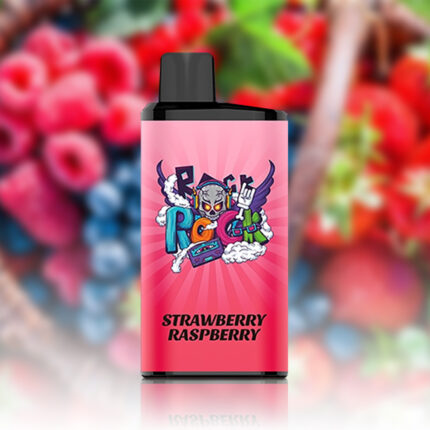 Pink E-liquid Bottle with a Black Cap Featuring a Colorful Cartoon Mascot and the Flavor strawberry Raspberry on the Label - Australia E-cigarette Store