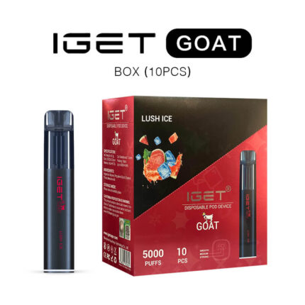 Boxed Iget Goat Lush Ice Disposable Pod Devices 10 Pcs 5000 Puffs with Two Black Pens Shown Alongside the Package - Australia E-cigarette Store
