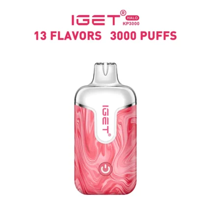 Pink marbled IGET KP3000 vape device with white top and circular power button, header text reads '13 Flavors 3000 Puffs' above the device