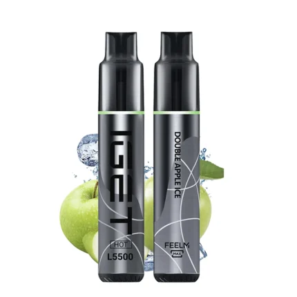 Two vape pens stand side by side, with apples and ice in the background, suggesting a fruit-flavored duo product.