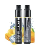 Pair of Black Vape Pod Devices with Mango Ice Flavor Set Against Mango and Ice Imagery in the Background - Australia E-cigarette Store