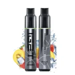 Two Sleek Metallic Vape Pens Side by Side with Fruit Imagery in the Background strawberries Kiwi Citrus and Ice Cubes Labeled Hot L5500 and Strawberry Kiwi Ice Feelm Max on the Other - Australia E-cigarette Store