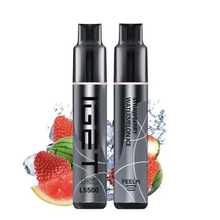 Pair of Gray Vape Pens Labeled Get Flavor Strawberry Watermelon Ice with Fruit and Ice Background Behind Them - Australia E-cigarette Store