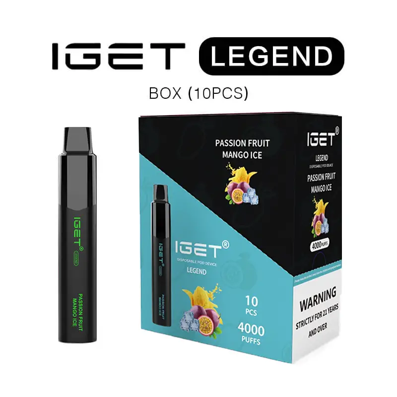 Iget-legend-4000-puffs-passion-fruit-mango-ice-bundle-10pcswebp - Australia E-cigarette Store Iget Legend Disposable Vape Pen and Teal-black Box Showing Passion Fruit Mango Ice Flavor 10 Pieces Per Box - Australia E-cigarette Store