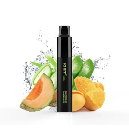 Black vape pen standing upright with lime, melon and mango slices behind it, flavor Aloe Mango Cantaloupe shown on the device label.
