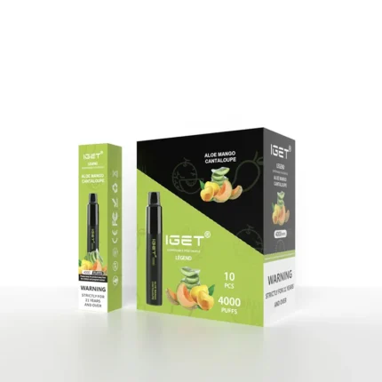 IGET Legend disposable vape package with Aloe Mango Cantalope flavor, green-black design and a single vape pen image on the box (4000 puffs).