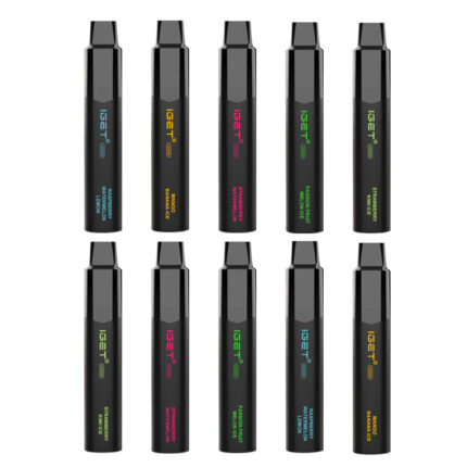 Two-row display of ten black disposable vape pens, each with a colored label showing flavor names such as Strawberry Watermelon Ice, Mango Banana Ice, and other fruit flavors.