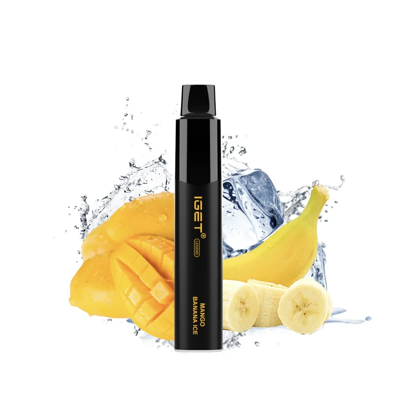 Iget-legend-mango-banana-ice-1webp - Australia E-cigarette Store Disposable Vape in Black Mango Banana Ice Flavor with Mango Banana and Ice Splash Backdrop for Product Display - Australia E-cigarette Store