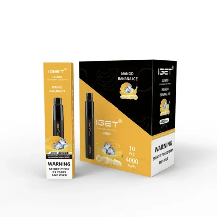 Iget Legend Mango Banana Ice Disposable Pod Packaging Black and Orange Boxes Showing 4000 Puffs and 10 Pieces on the Front Image - Australia E-cigarette Store