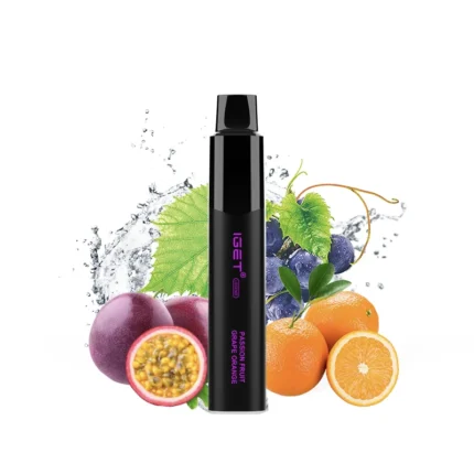 Black vape pod device centered with a splash of water, surrounded by passionfruit, grapes, and oranges behind it.