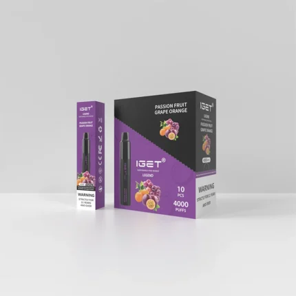 Boxed disposable vape packaging in purple and black with fruit images, labeled Passion Fruit Grape Orange, 10 pcs, 4000 puffs