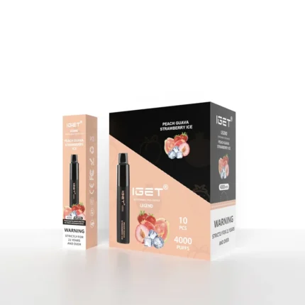 Iget Legend Disposable Vape Kit in Peach Guava Strawberry Ice Flavor Showing Box and a Black Device - Australia E-cigarette Store