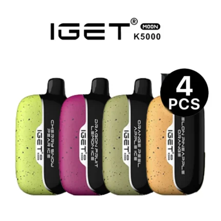 Four IGET Moon K5000 replacement pod cartridges in assorted neon colors (lime, pink, olive, orange) with a 4 PCS badge.