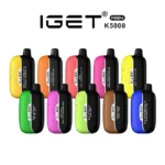 Twelve Iget Moon K5000 Disposable Vape Pods in Assorted Bright Colors Arranged in Two Rows with the Iget Moon Logo Above Them - Australia E-cigarette Store