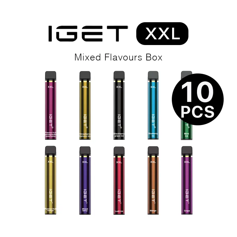 Iget-xxl-mixed-flavours-box-10pcswebp - Australia E-cigarette Store Iget Xxl Mixed Flavours Box Ten Disposable Vape Pens in Varied Colors Labeled 10 Pcs - Australia E-cigarette Store