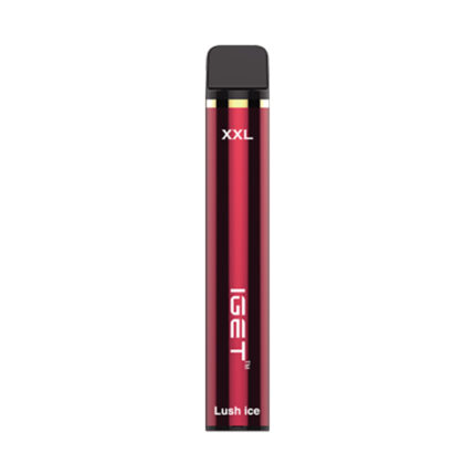 Disposable vape pen with a red-to-black gradient and black mouthpiece, labeled XXL and IGET, flavor Lush Ice.