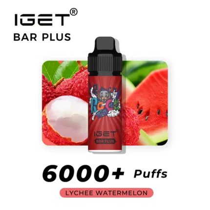 IGET BAR PLUS e-liquid bottle centered with lychee and watermelon artwork; features '6000+ Puffs' and 'Lychee Watermelon' text.