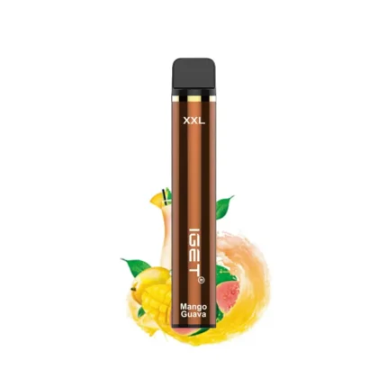 Disposable Vape Pen Labeled Xxl Mango Guava Flavor Upright with Fruit Graphics in Background - Australia E-cigarette Store