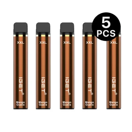 Five disposable vape pens (IGET) in mango guava flavor, XXL size, labeled 5 PCS all aligned in a row.