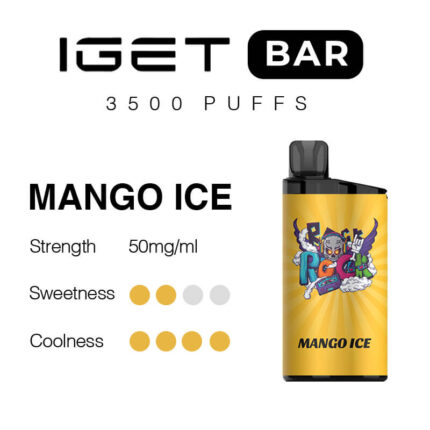 Iget Bar Mango Ice Disposable Vape 50 Mgml Strength Sweetness 24 Coolness 44 Yellow Mango-ice Device Image with Cartoon Graphic on Label - Australia E-cigarette Store