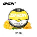 Shion Mango X1 Tin with a Yellow Label and Mango Slices Surrounding It Top-left Logo Visible - Australia E-cigarette Store