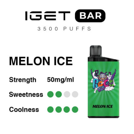 IGET BAR Melon Ice: 50 mg/mL, 3500 puffs, vape device with green label; sweetness 2/5, coolness 5/5, brand logo at top