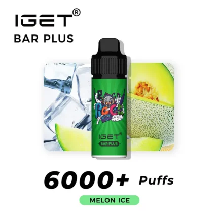 IGET Bar Plus Melon Ice vape bottle centered, with ice cubes and melon slices in the background; bold '6000+ Puffs' text below and green Melon Ice label beneath.