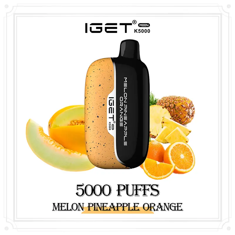 Melon-pineapple-orange-iget-moon-k5000-puffswebp - Australia E-cigarette Store Iget K5000 Disposable Vape with Speckled Tan and Black Body Melon Pineapple Orange Flavor on a Fruit-filled Background - Australia E-cigarette Store