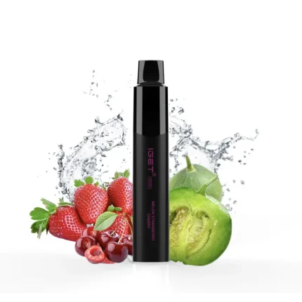 Black Disposable Vape Pod Centered with a Splash Behind It and Strawberries Cherries and a Halved Kiwi in the Background berry-flavored Look - Australia E-cigarette Store